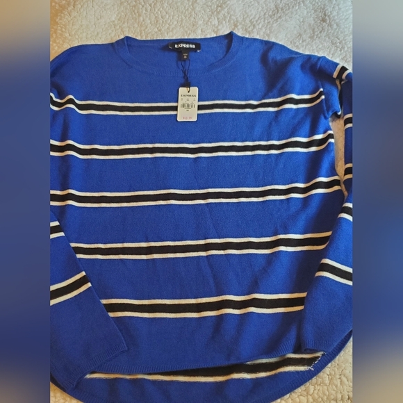 Express Sweater Ribbed Neckline Sz XS NWT Blue/Black/white Strip Y2k - Picture 2 of 8